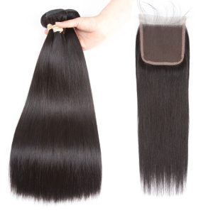 Brazilian Straight Hair 3 Bundles with Closure 4X4
